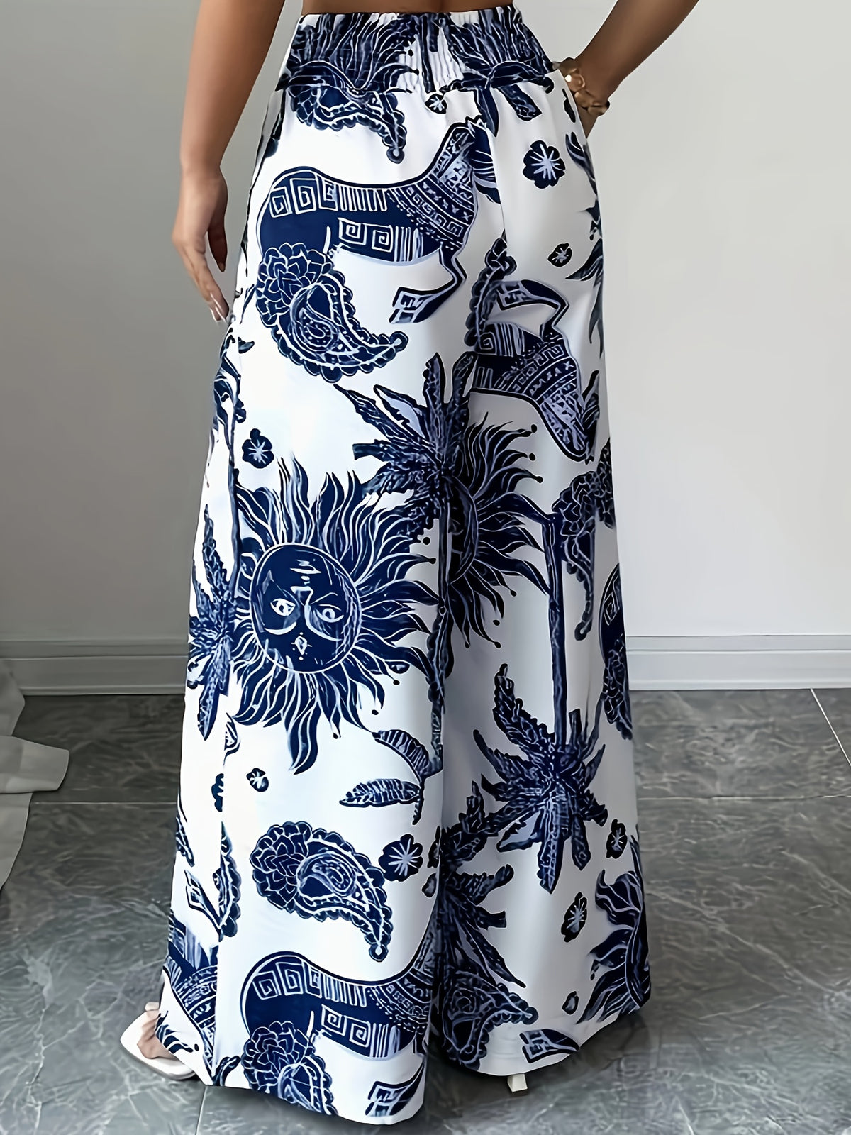 New Stylish Casual Tropical Print Vacation-Style Women'S Long Pants - Blue Flower