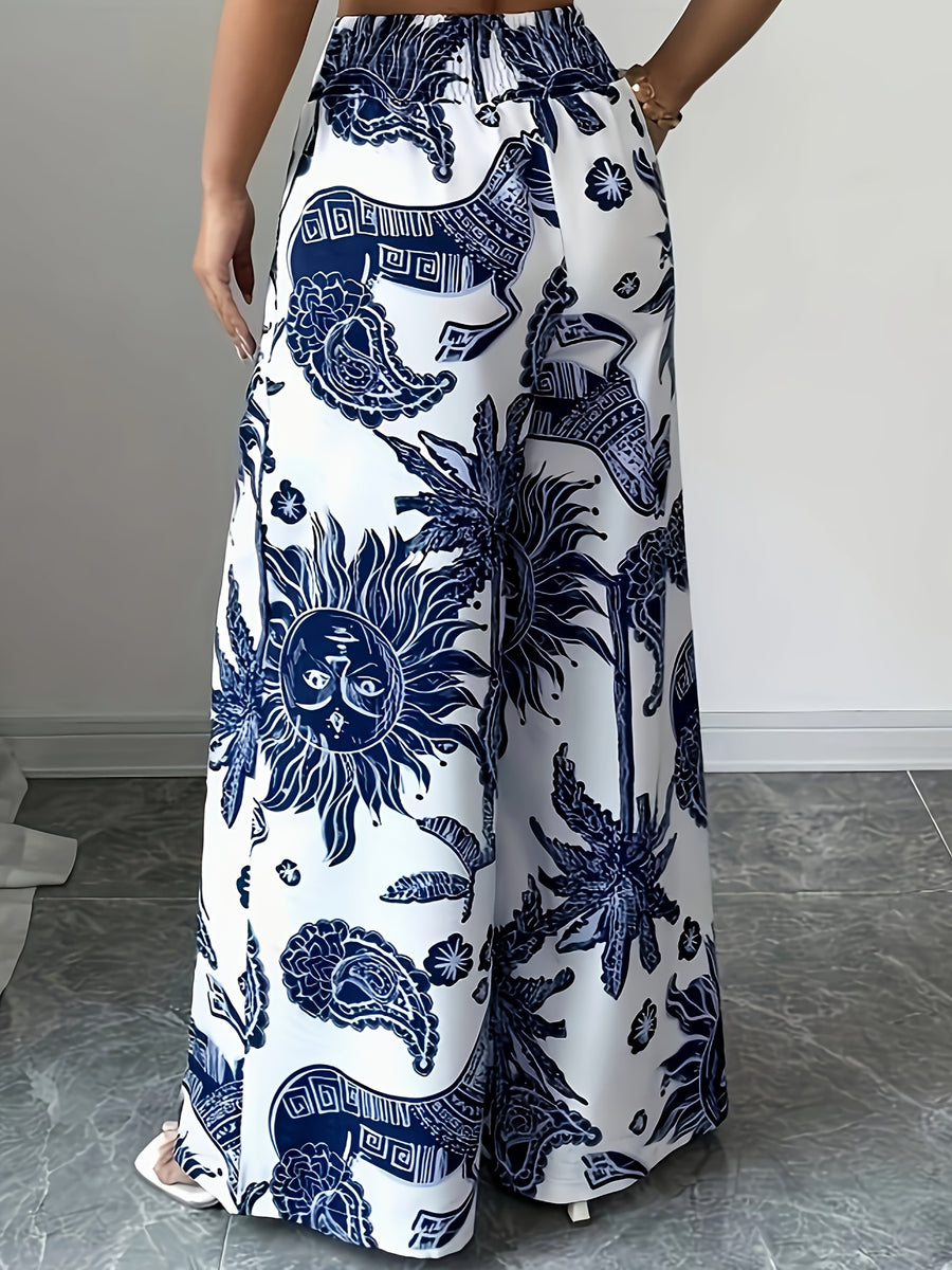 New Stylish Casual Tropical Print Vacation-Style Women'S Long Pants - Blue Flower