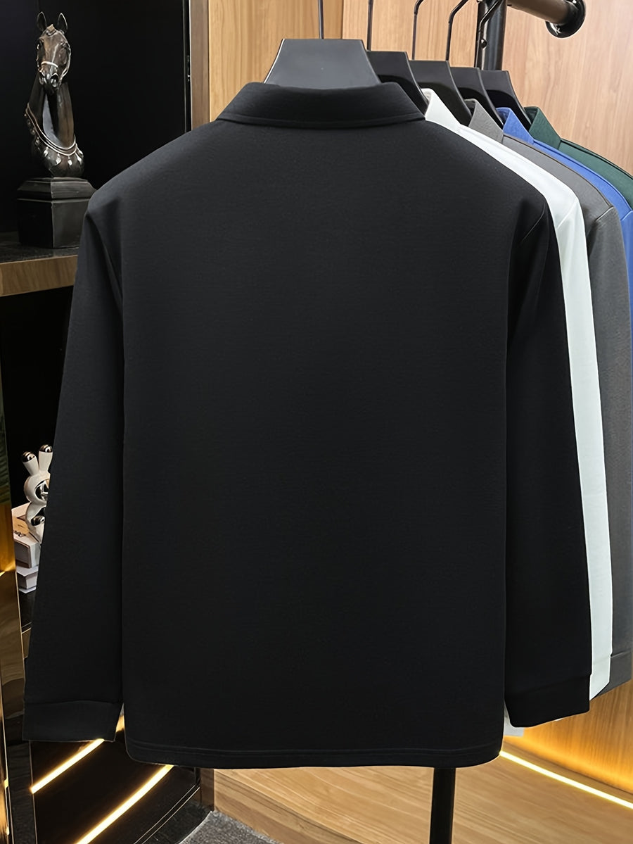 Men's Solid Color Long-Sleeve Polo Shirt, Simple and Clean Design Without Logo, Slightly Relaxed Fit, Flattering on All Body Types, Suitable for Spring and Autumn - SINBOS - Black