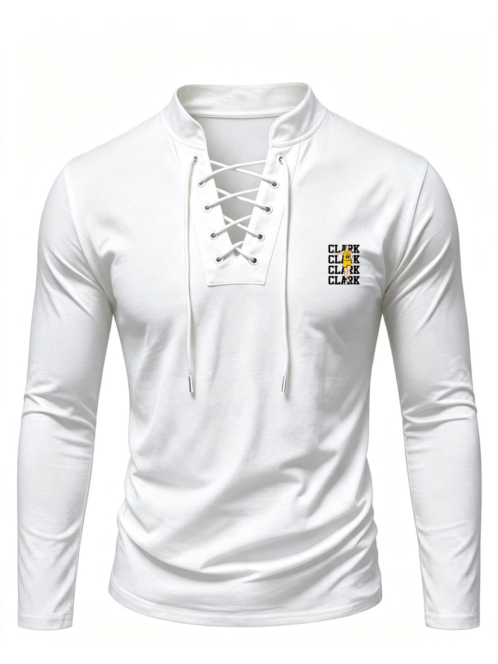 2026 New Men'S Stand Collar Cross-Strap Long Sleeve Shirt, Unique Cross-Strap Neckline Design Eye-Catching, Chest Repeating Letter Cartoon Print Trendy Individual, All-Season Wearable Inner Layer, Commute And Casual Versatile Top - White