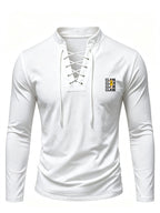 2026 New Men'S Stand Collar Cross-Strap Long Sleeve Shirt, Unique Cross-Strap Neckline Design Eye-Catching, Chest Repeating Letter Cartoon Print Trendy Individual, All-Season Wearable Inner Layer, Commute And Casual Versatile Top - White