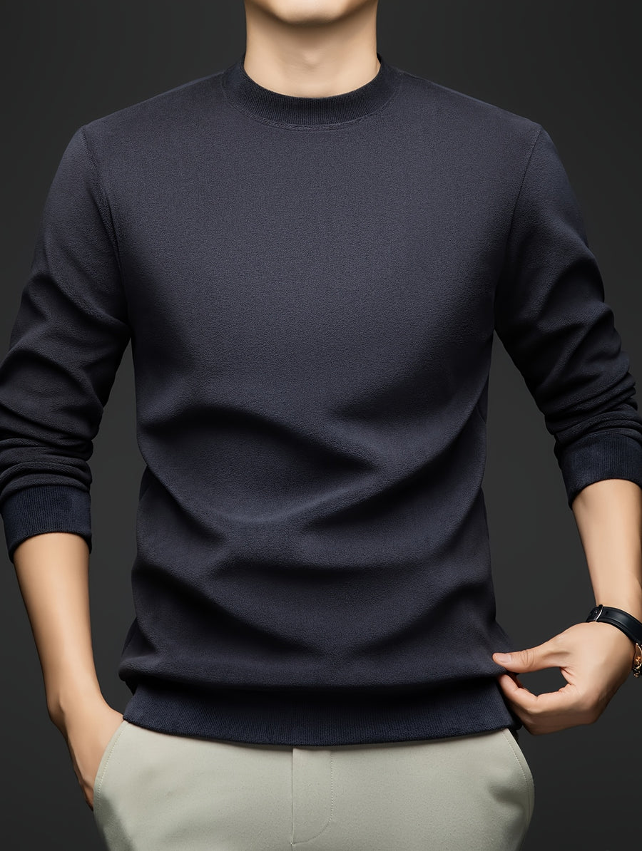 Autumn/Winter Men's -Lined Thickened Warm Base Layer Shirt, Crew Neck Long Sleeve T-Shirt, Solid Color Stretchy Inner Layer Casual Sweatshirt Top - Dark Gray