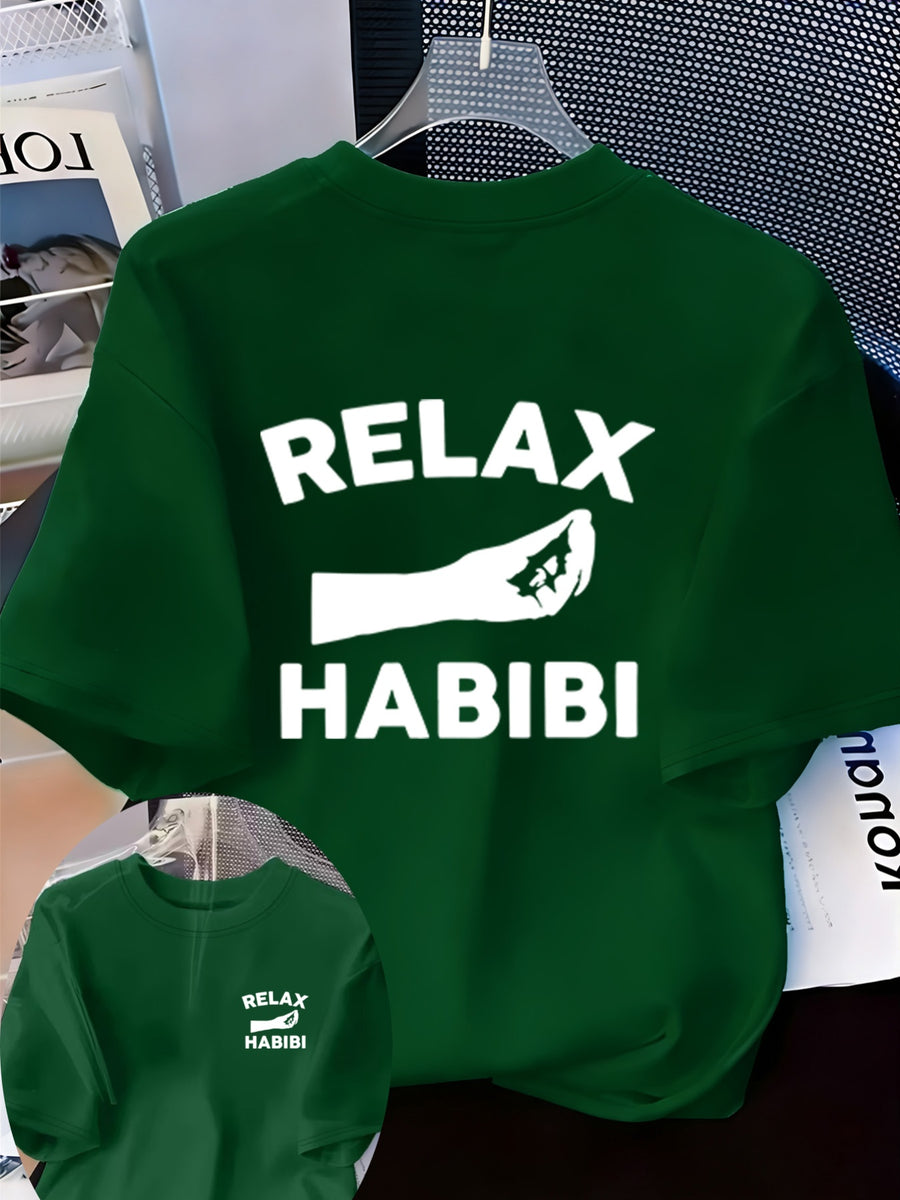 Front And Back Printed Women'S Fashion Base Print T-Shirt, Soft And Versatile, Casual Style Printed Pattern with RELAX HABIBI Lettering And Hand Gesture Design Printed Short Sleeve T-Shirt, Suitable for Casual Wear, Fashion All-Season Top - Green