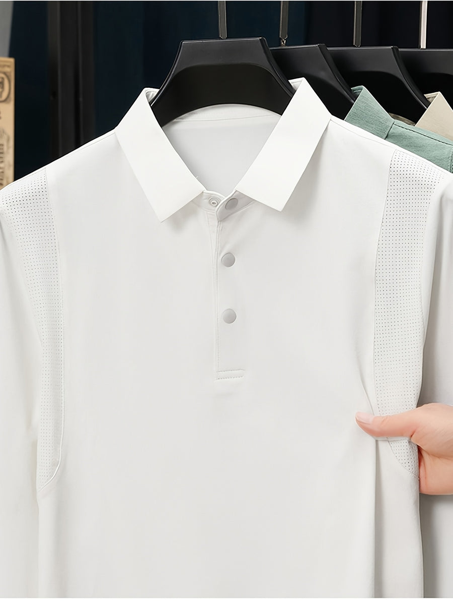 Men'S Lapel Long Sleeve Polo Shirt, Shoulder Mesh Texture Patchwork, Solid Color Minimalist Clean Cut Top, Office Commute, Outing Fishing, Home Casual Loose Men'S Long Sleeve T-Shirt - White