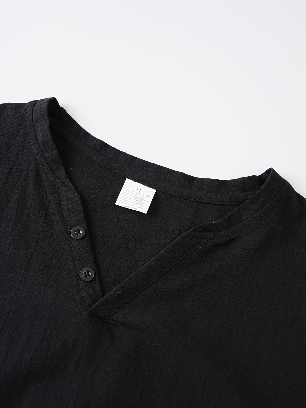 Summer Men'S Casual T-Shirt Linen Henley Collar Double-Button Men'S Short Sleeve Small V-Neck Men'S Casual Breathable Top Solid Color Breathable Commuter Casual Short Sleeve Top - Black