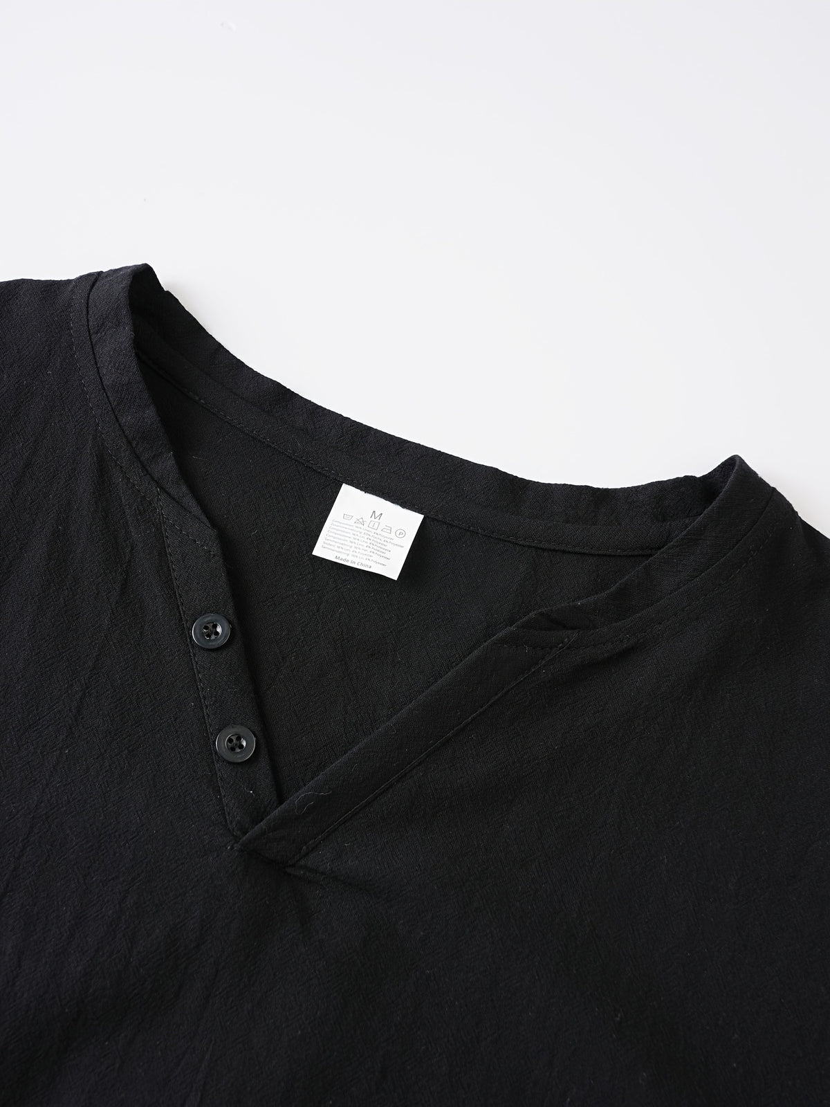 Summer Men'S Casual T-Shirt Linen Henley Collar Double-Button Men'S Short Sleeve Small V-Neck Men'S Casual Breathable Top Solid Color Breathable Commuter Casual Short Sleeve Top - Black