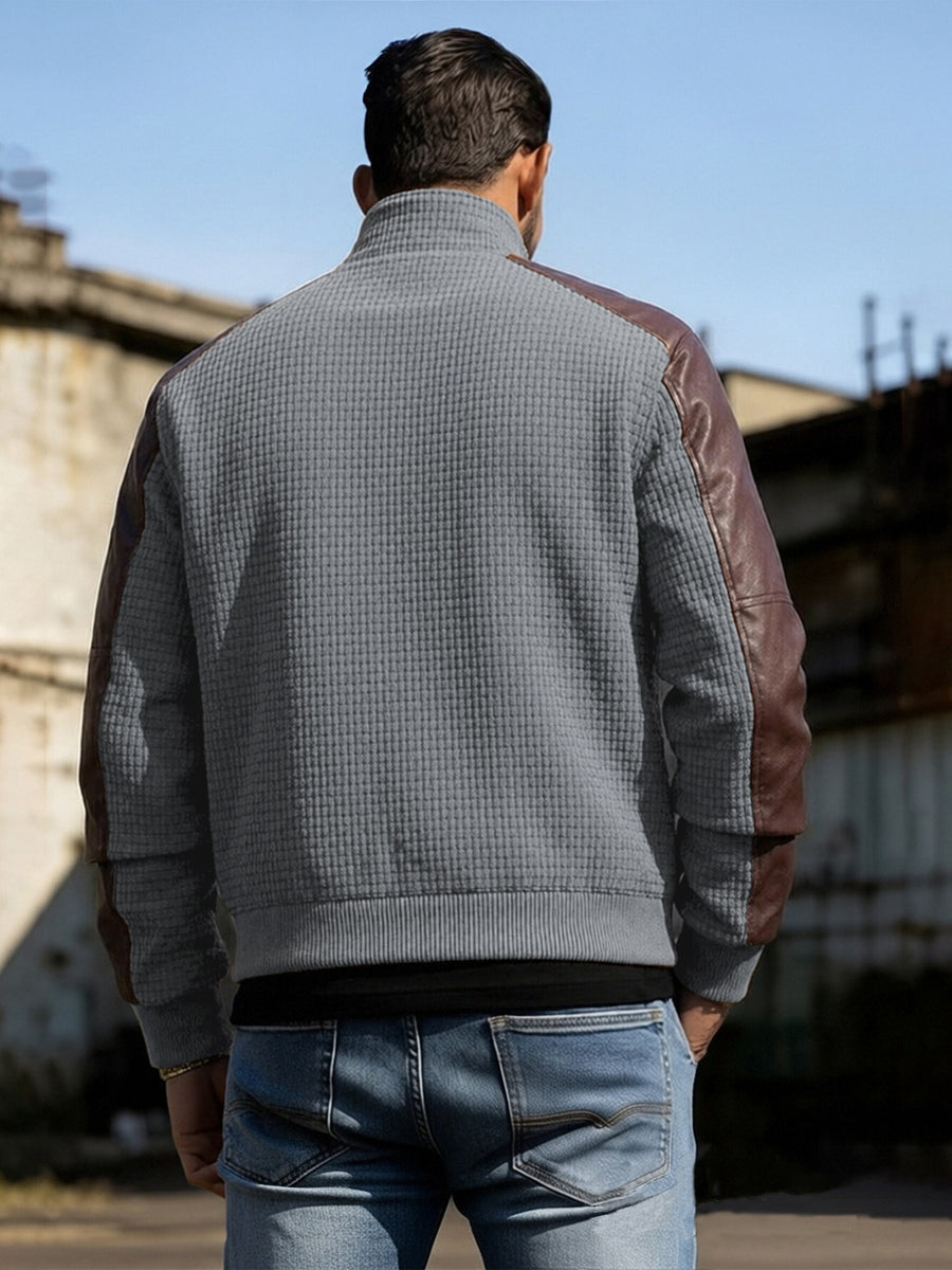 EXARUS American Retro Stand Collar Patchwork Jacket Men'S Spring Autumn Style, Waffle Checkered with Drop Shoulder Cargo Coat, Western Street Casual Zipper Baseball Top. 3D Textured Fabric, Smooth Full Zip Closure, Brown And Gray Available - Grey