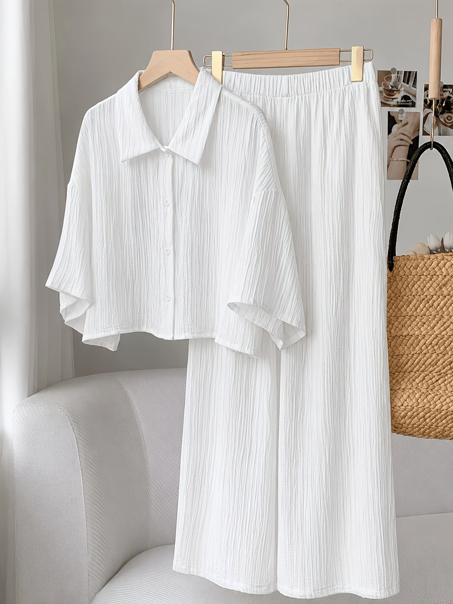 Plus Size, Plus Size - New Spring/Summer Solid Color Wrinkled Short Lapel Shirt and Elastic Waist Wide-Leg Pants 2pcs Set - Casual Loungewear Vacation Outfit - White