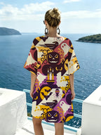 Geometric Color-block Halloween-themed Print V-neck Dress, Featuring Playful Patterns of Crows, Ghosts, and Bats. Loose Fit with Dropped Shoulders and Short Sleeves for a Relaxed, Laid-back Look. Rich Color Layering Makes It a Standout for Festive - Mixed colors