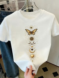 Women'S Spring/Summer Casual Short Sleeve Round Neck T-Shirt with Golden Moon Butterfly Print - White