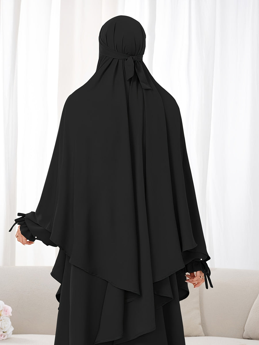 Women's 2pcs Modest Islamic Abaya & Khimar Suit - Elegant Full Coverage Prayer Dress with Headscarf, Pure Color Muslim Dress Suitable for Daily Wear, Hajj, Ramadan, Travel - Abaya Robe for Muslim Women - Black