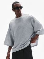 Men'S Short Loose Short Sleeve T-Shirt, Back Wrap Arc Floral English Fashion Embroidered Top, Machine Washable - Grey