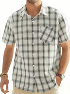 Men's casual 100% pure cotton striped checked shirt (suitable for casual wear during outings and weekend parties) Short-sleeved pocket design, button-down top - Milky