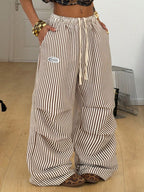 Women's Summer Basic Striped Wide-Leg Jogger Pants - Khaki