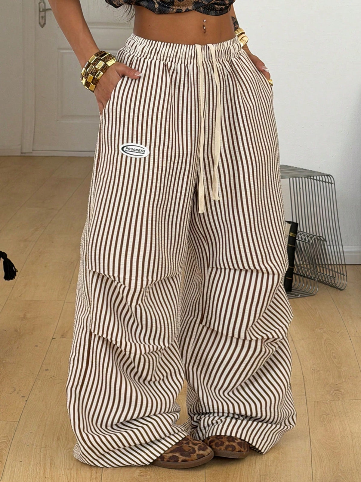 Women's Summer Basic Striped Wide-Leg Jogger Pants - Khaki