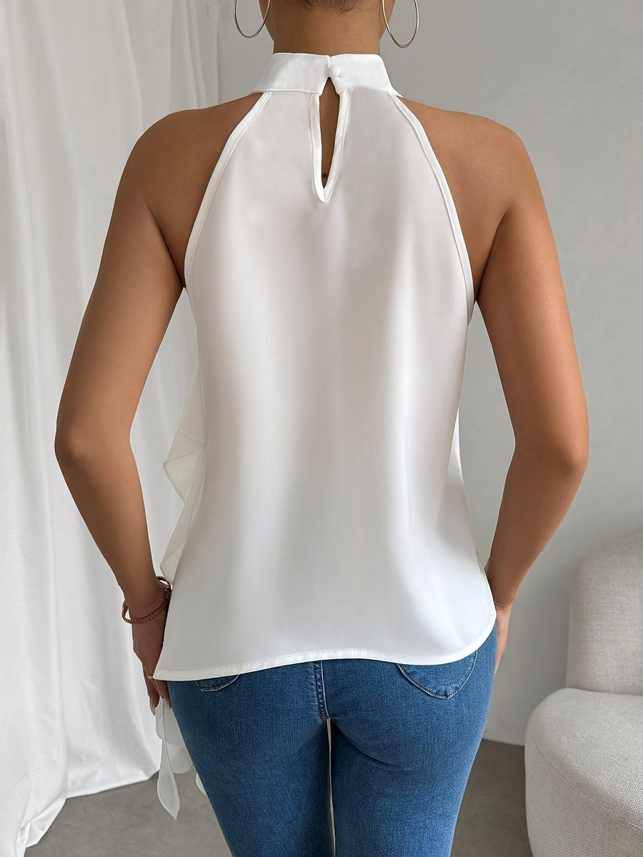 Elegant Special Women's Ruffled Stand Collar Sleeveless Blouse - Lightweight Summer Semi-Sheer Top with Elasticated Waist, Solid Color Machine Washable Regular Fit - White