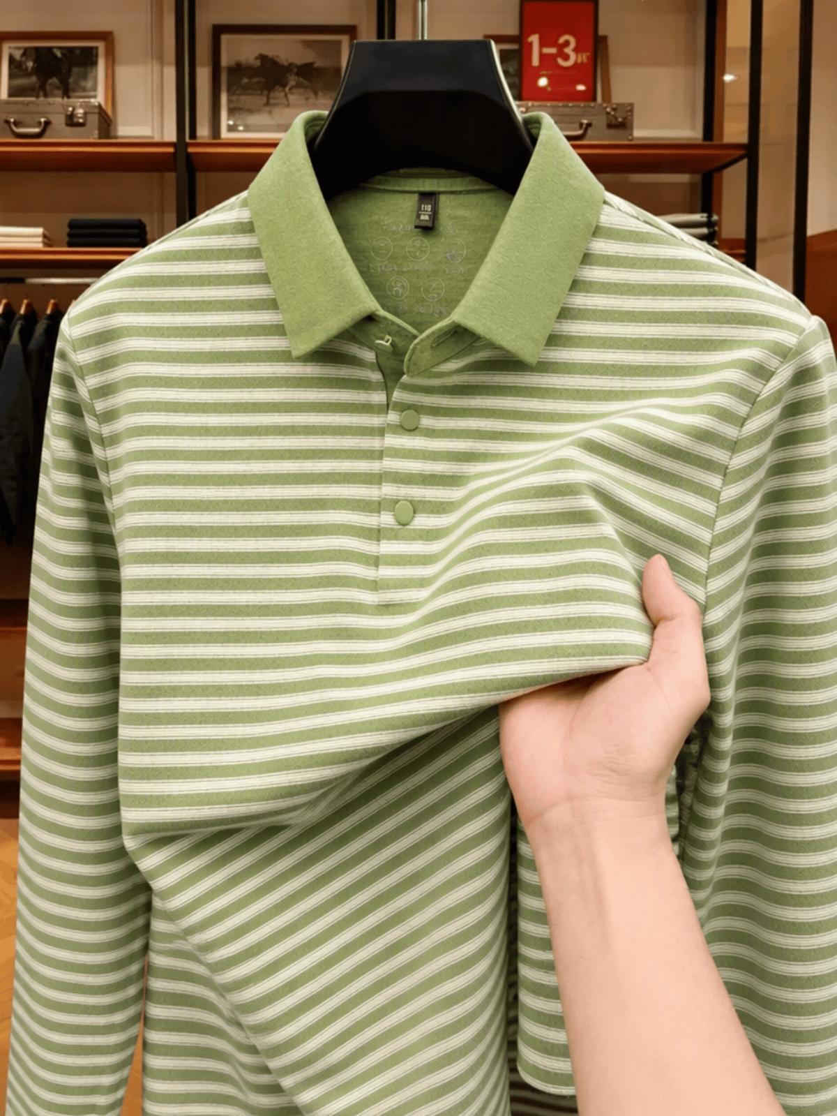 Men's Thin Striped Lapel Long Sleeve Polo Top, Wrinkle Free Loose Casual Long Sleeve T-Shirt, Business Basic Apparel for Middle-aged Dads, Spring Autumn Clothes for Golf, Fishing, Tennis Daily Wear - Leaf Green