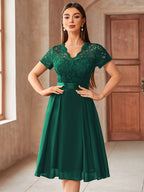 Women's Elegant Lace V-Neck Short Sleeve Chiffon A-Line Wedding Party Short Dress - Dark Green