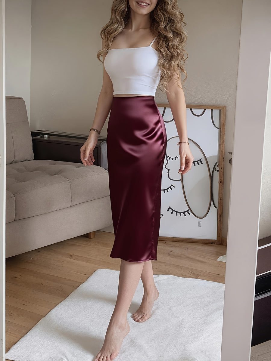 Fashionable City Commute Casual Outing Beach Vacation Home Outerwear Slit Satin-Like Pink Women'S Skirt - Burgundy