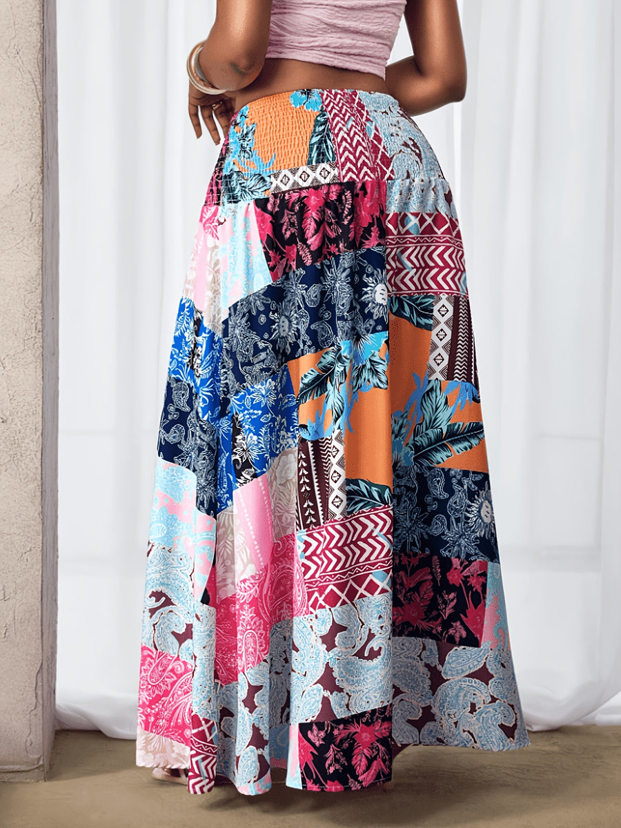 2026 New Spring/Autumn Women'S Bohemian Digital Print High-Waist Loose Maxi Skirt, High-Waist Design with Shirred Waist, Loose And Flowing, Comfortable Casual, Fashionable Women'S Digital Print Midi Skirt, Beach Vacation And Holiday Wear - Multicolor