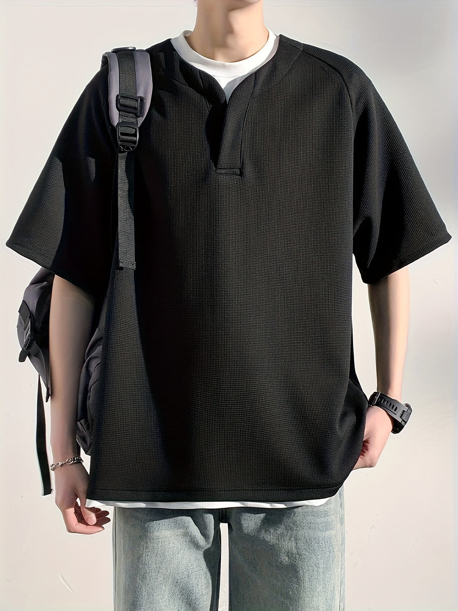 Men'S Summer Short-Sleeve Faux Two-Piece Polo Shirt Sweatshirt - Black