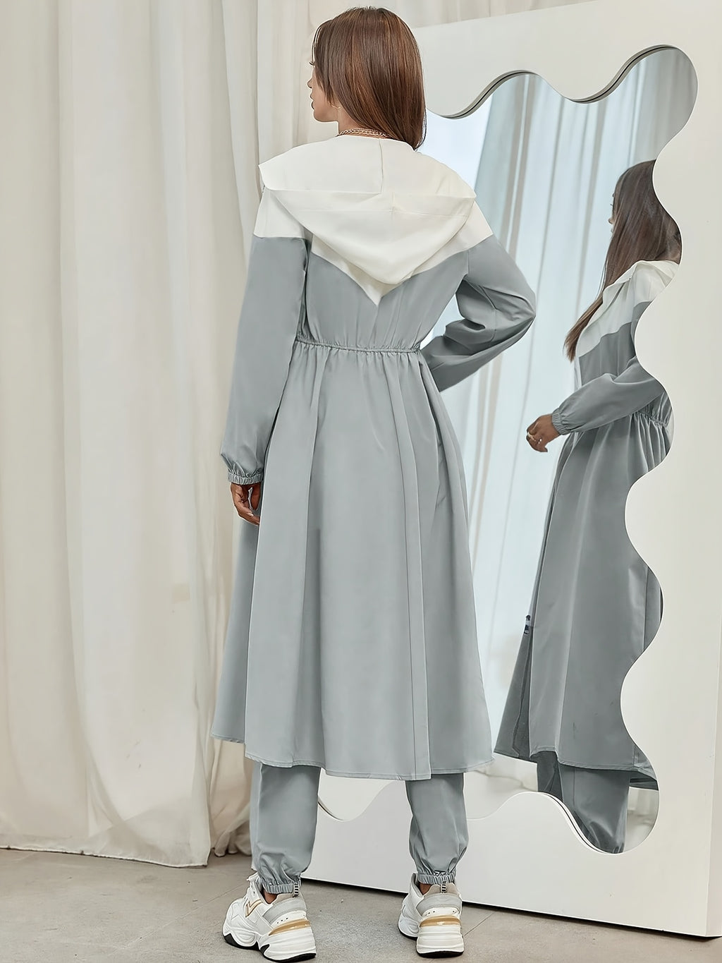 WY260622044 Autumn Women'S Color-Block Hooded Jacket And Pants Set 2pcs Set - Grey