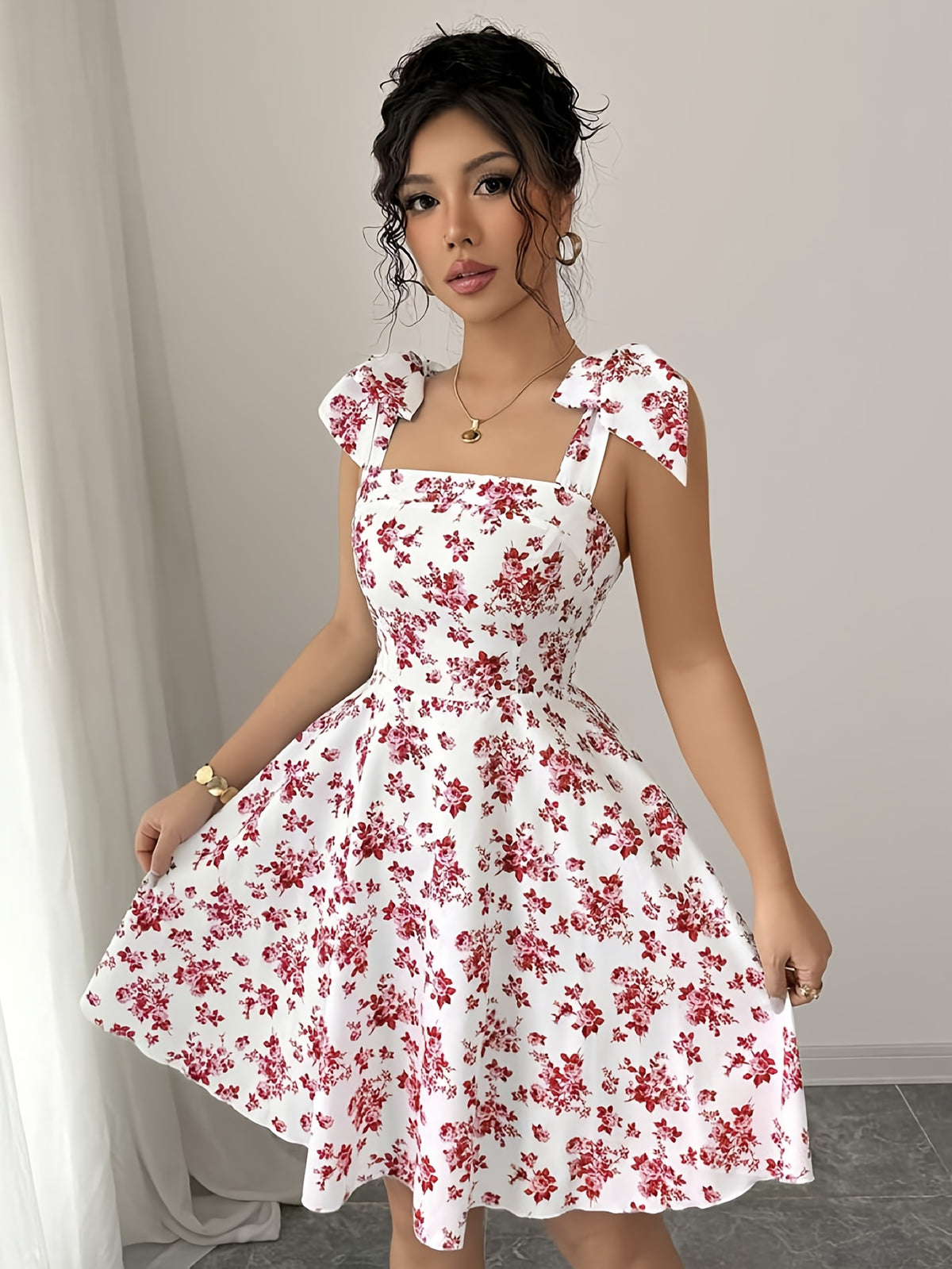 Elegant Women's Printed Back-Wrap Shoulder-Tie Bow Waist-Cinching Dress, Suitable for Dates, Parties, Gatherings, and Beach Vacations - White