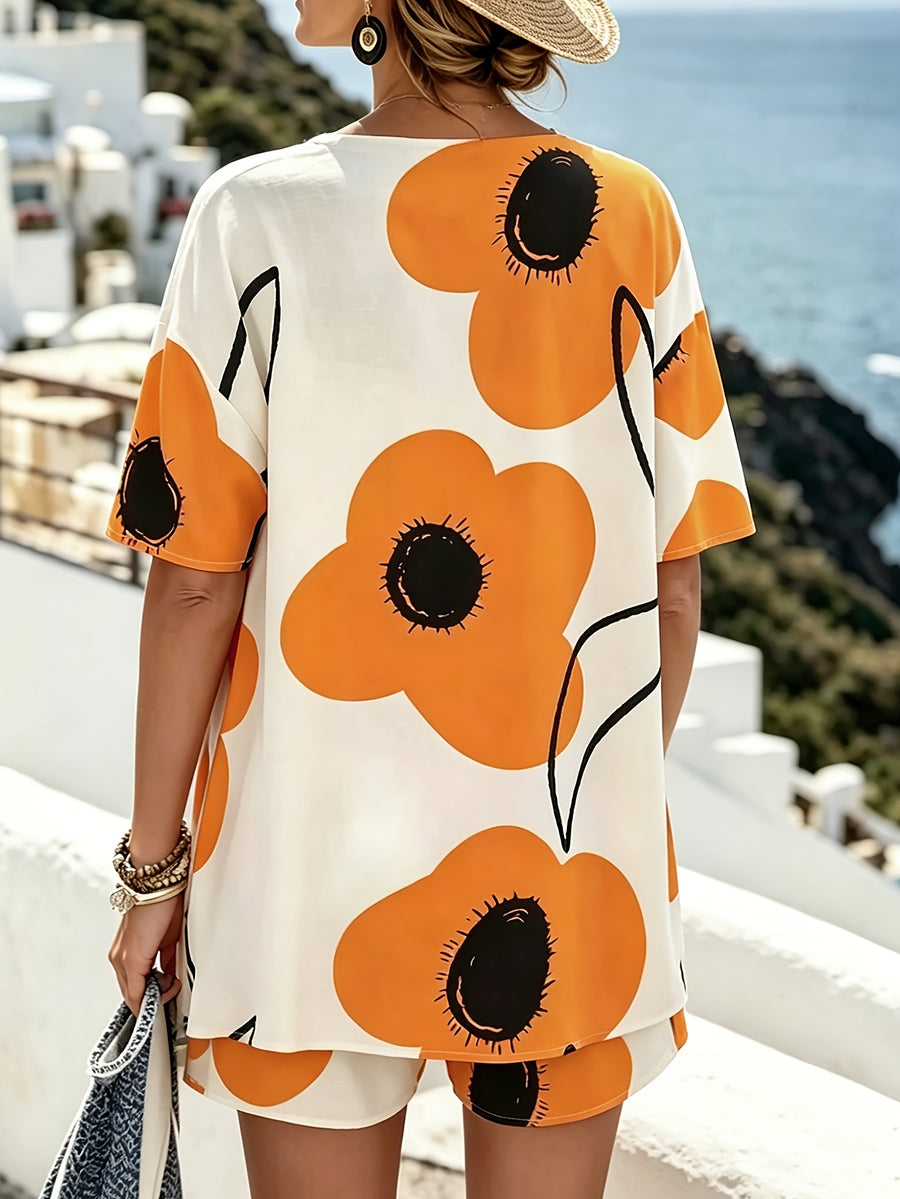 Vacation-style Geometric Print Short Set, Featuring a Front-open Short-sleeve Tunic and a Drawstring Loose-fit Shorts, Suitable for Spring and Summer, Women's Clothing - Orange-Red