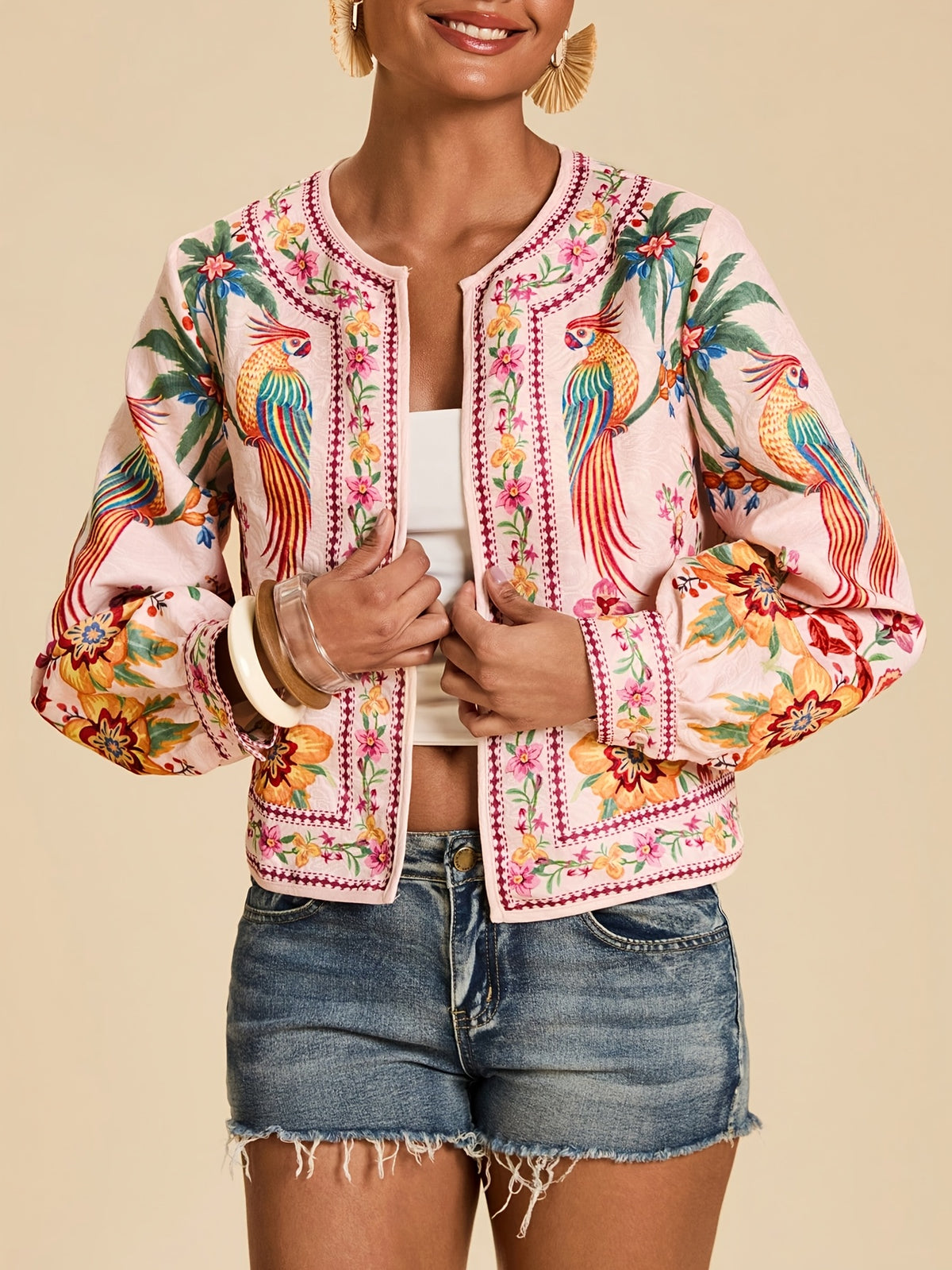 Floral Print Casual Jacket for Women, Open Front Light Beige Boho Autumn Vacation Holiday Wear, New Year Look Western Style Tropical Summer - 【Light Yellow】