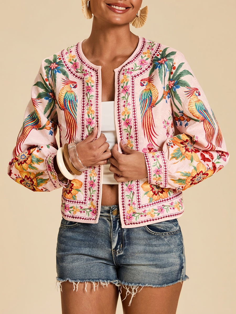 Floral Print Casual Jacket for Women, Open Front Light Beige Boho Autumn Vacation Holiday Wear, New Year Look Western Style Tropical Summer - 【Light Yellow】