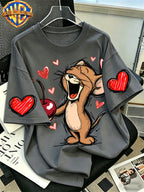 Official Warner Bros. T-shirt Featuring a Print of a Classic Character Laughing While Holding a Cherry; Men's 100%, Comfortable, Versatile, and Loose-fitting Short-sleeve Summer Tee-suitable for Outdoor Activities and Casual Attire. - Dark Gray