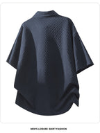 Men's Summer Fiber Fabric Lapel Short-Sleeve Polo T-Shirt, Streetwear Brand Diamond Check Casual Top - Navy Color