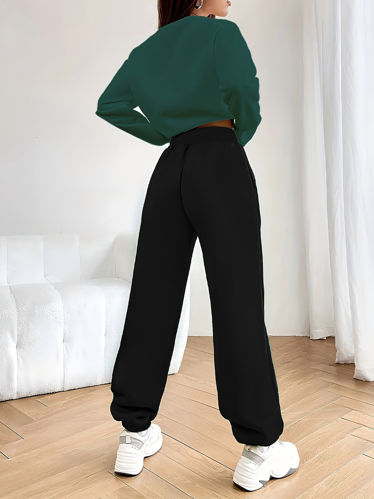 Women's Casual Tracksuit Set, Fashionable Paris Letter Print Long Sleeve Sweatshirt & Joggers Pants Outfit - Green