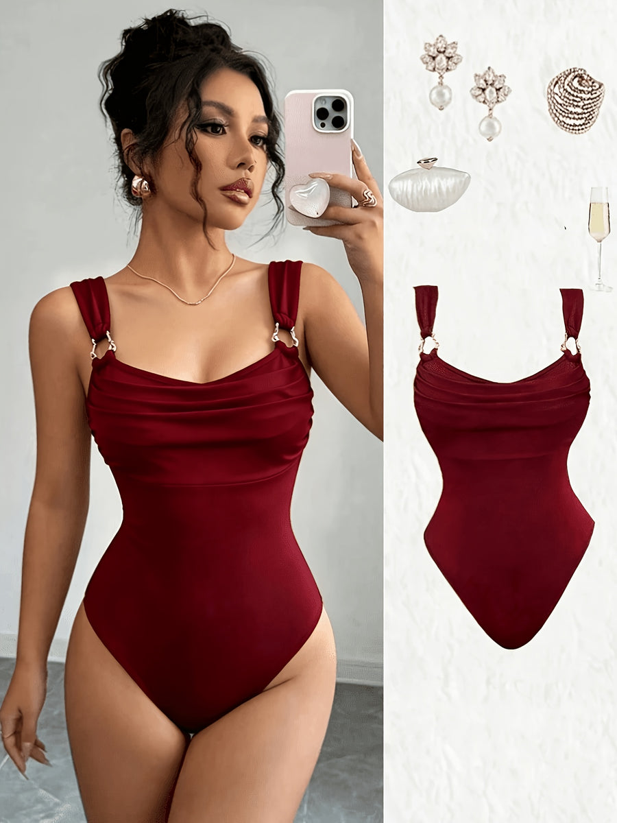 New Women's Elegant Front Pleated Bodysuit, Golden Buckle Detail Strappy Sleeveless Vest, Slim-Fit Jumpsuit, Suitable for Nightclub and Daily Wear, Wilderness - Red