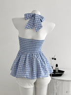 Blue Plaid Pleated Short Suspender Dress with Tie, Perfect for Parties, Dates, Birthday Celebrations, Afternoon Tea Gatherings, and Everyday Casual Chic Style Dates - Blue