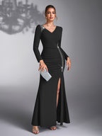 Women's Sequin Patchwork Elegant Wedding Bridesmaid Evening Dress Gown - Black