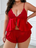 Sexy Pure Desire Lace Patchwork Solid Suspender Top And Shorts 2pcs Set Lingerie - Red