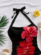 Women'S Summer Vacation Floral Print Halter Camisole, Back Bow Tie Cami Top - Black