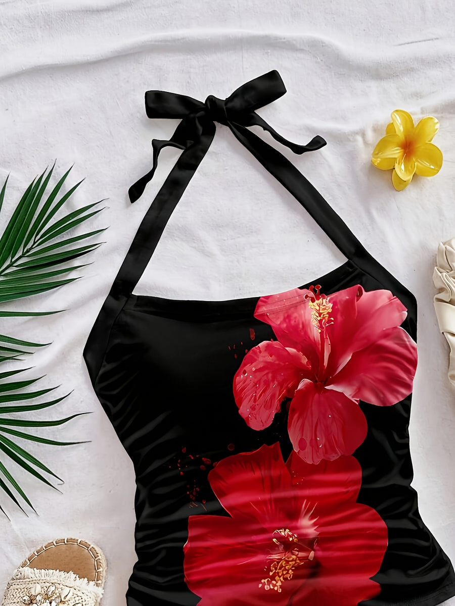 Women'S Summer Vacation Floral Print Halter Camisole, Back Bow Tie Cami Top - Black