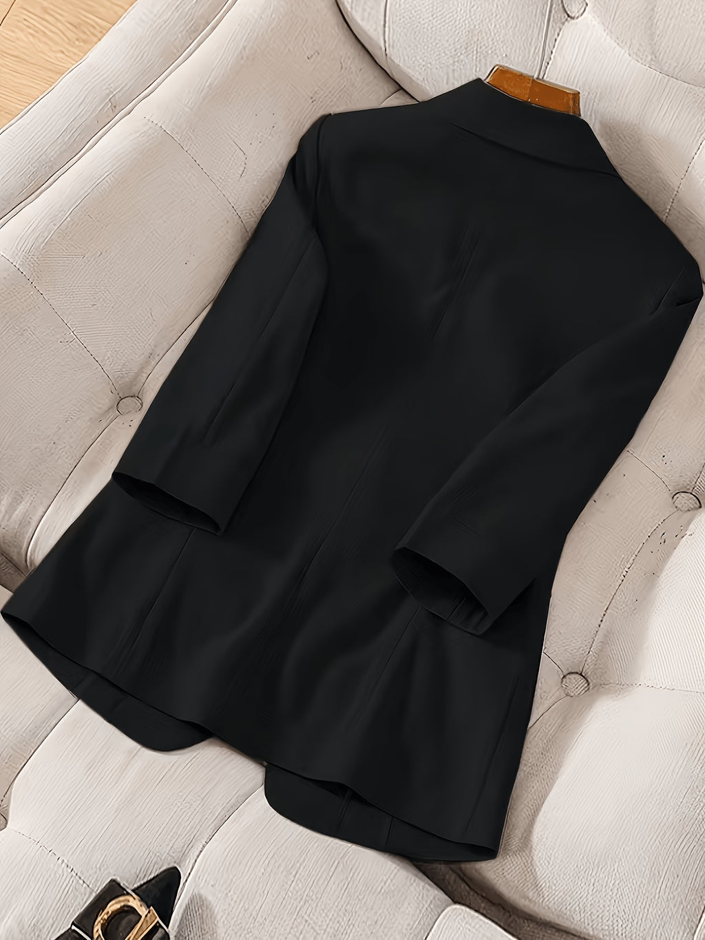 Women'S Casual Solid Single-Breasted Blazer, Spring/Summer Thin 3/4 Sleeve Lapel Coat - Black