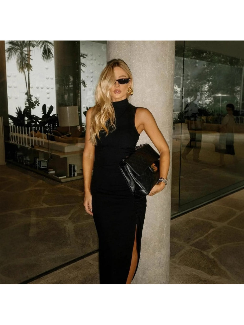 European and American Cross-Border Women's Fashion 2025 Summer New Fashion Sexy Round Neck Slim Sleeveless Split Dress - Black
