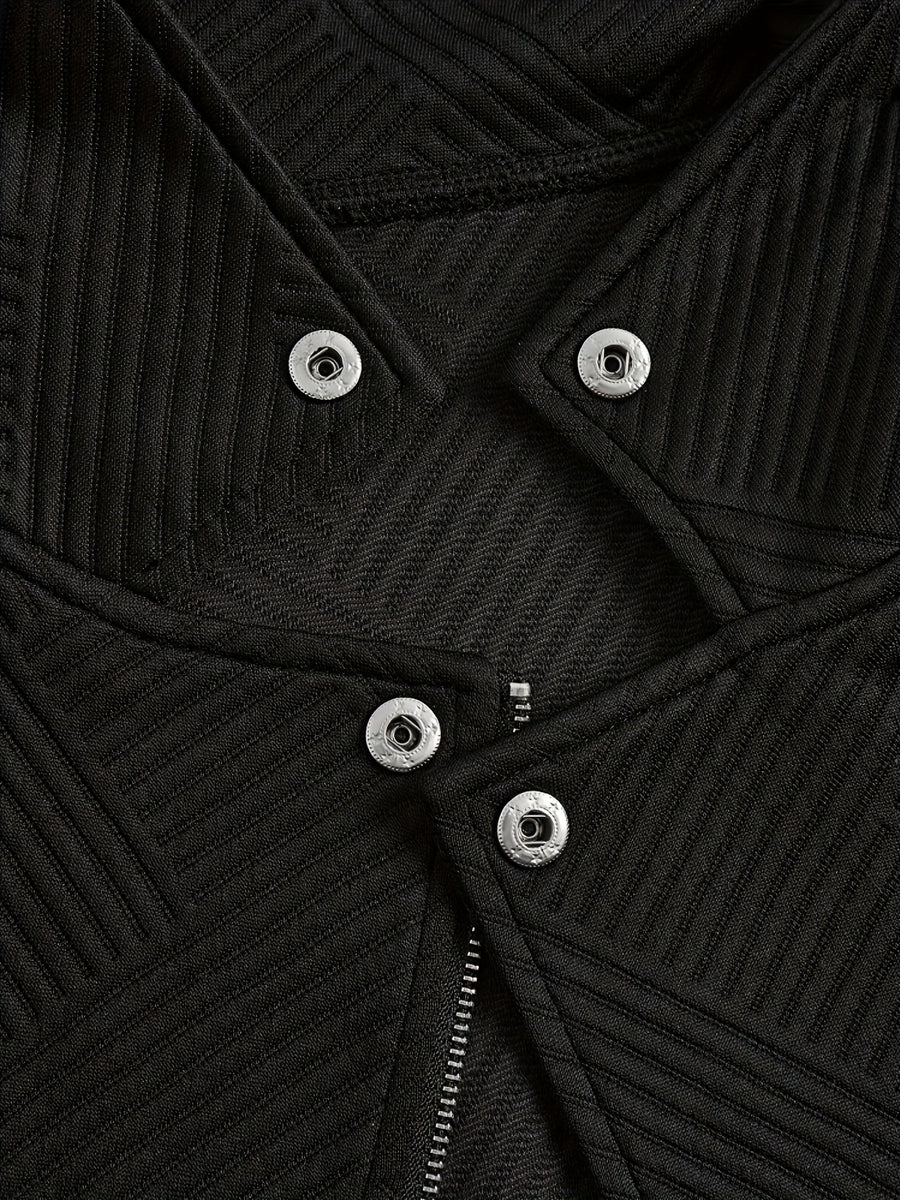 A New Women'S Solid Color Maze Check Zippered Button Decorative Motorcycle Jacket, Stylish And Elegant for Commuting And Casual Wear in Autumn And Winter. The Top Design Is Trendy, with a Unique Style, High-Quality Stitching, Soft Texture - Black