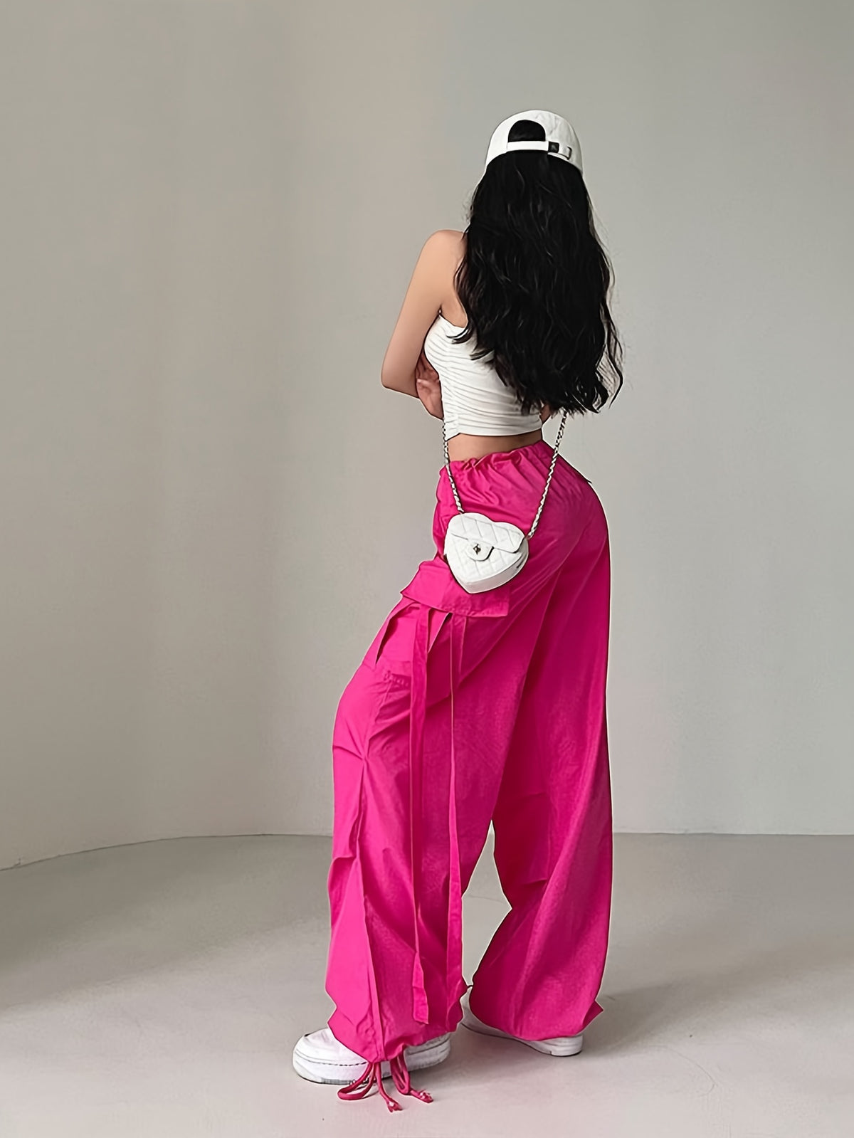 Street Style Loose Fit Drawstring Ankle Scarf Fashion Utility Pants Wide Leg Casual Long Trousers - Rose Red