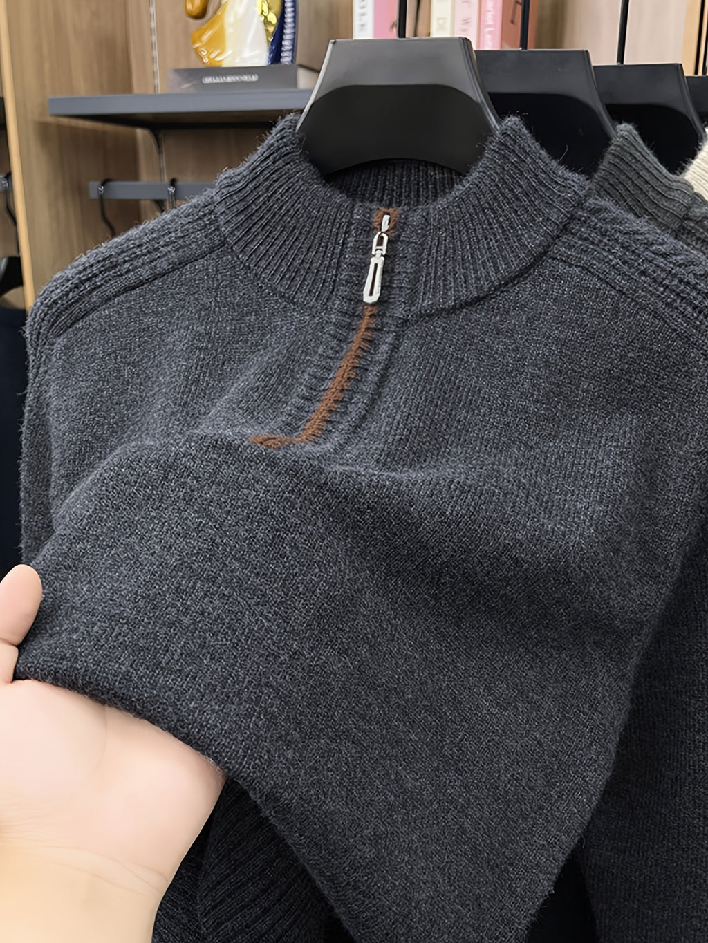 Men'S Thickened Semi-Open Zipper Stand Collar Knit Sweater, Ribbed Cuffs And Hem, Autumn/Winter Style, Single Wear And Layering, Light Mature Business Casual Style - Black Gray