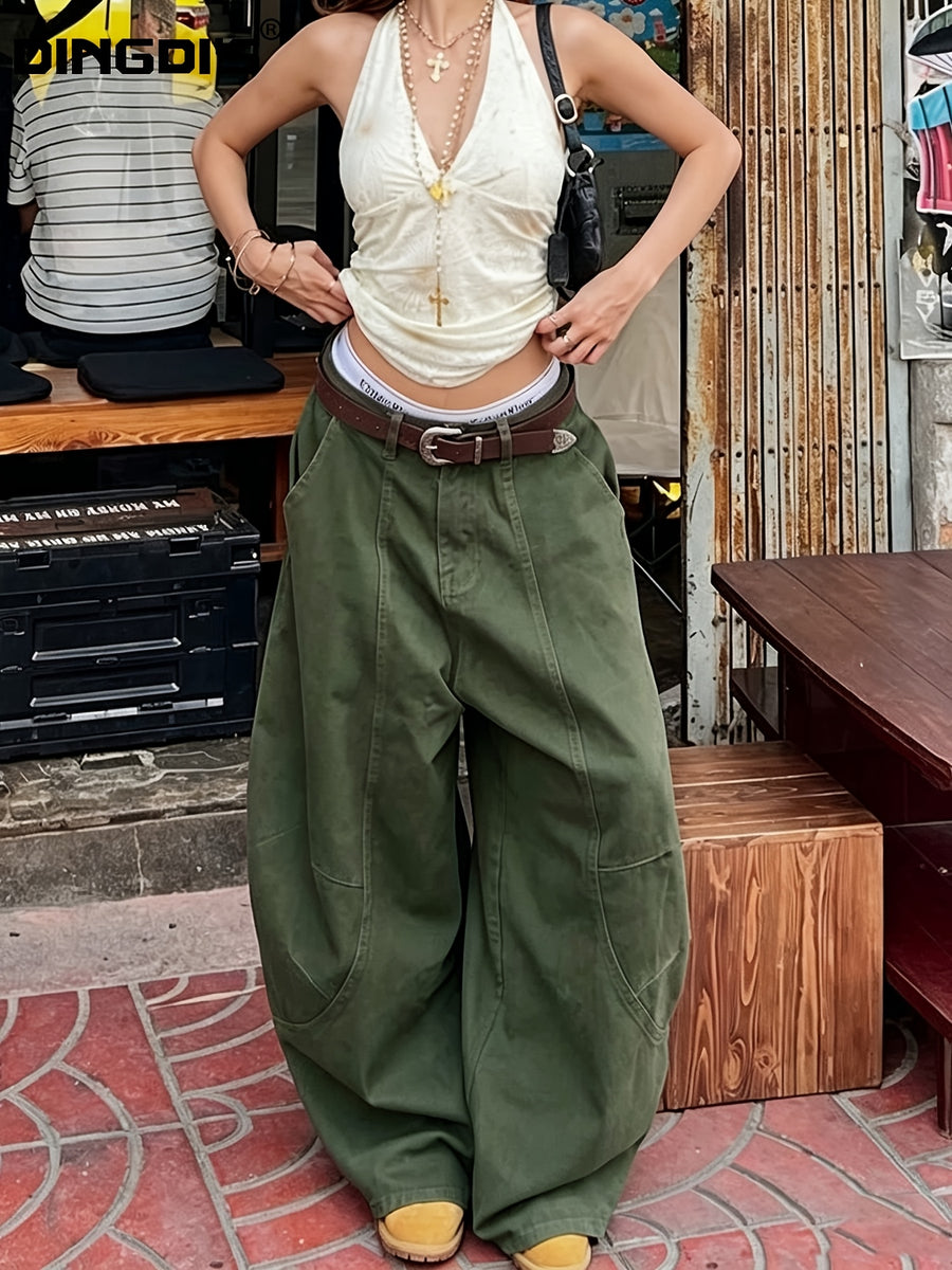 Women'S New Elastic Waist Cuffed Jeans, Street Trendy Boyfriend Style Floor-Length Trousers, Patchwork Design with Pockets, Mid-Rise Classic Loose Denim Pants, Casual Military Green Comfortable Fit Long Pants, All-Season Wear - Military Green