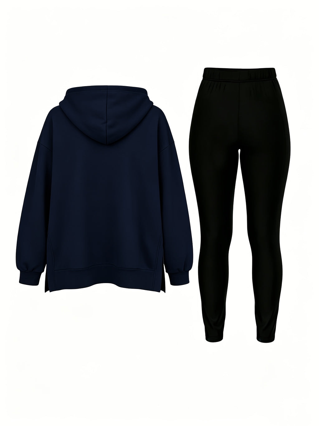 Autumn/Winter Set: Hooded Sweatshirt And Fitted Long Pants (Pattern Print Design) - Navy Blue With Black