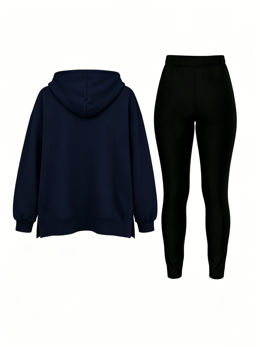 Autumn/Winter Set: Hooded Sweatshirt And Fitted Long Pants (Pattern Print Design) - Navy Blue With Black