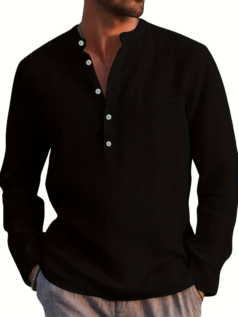 Men'S Casual Romantic Vacation Henley Shirt Long Sleeve Top - Black