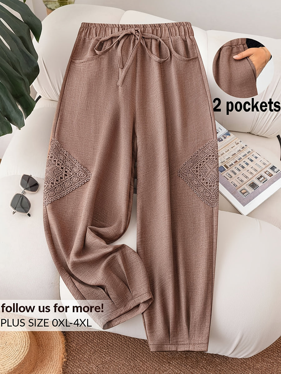 Fashionable Plus-Size Women'S Loose Pants with a Faux Drawstring, Suitable for Commuting, Vacations, Parties, And Sports, Featuring Pockets, Ideal for Everyday Wear - Rose Brown