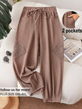 Fashionable Plus-Size Women'S Loose Pants with a Faux Drawstring, Suitable for Commuting, Vacations, Parties, And Sports, Featuring Pockets, Ideal for Everyday Wear - Rose Brown